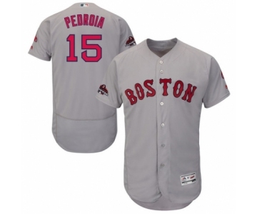 Men's Majestic Boston Red Sox #15 Dustin Pedroia Grey Road Flex Base Authentic Collection 2018 World Series Champions MLB Jersey