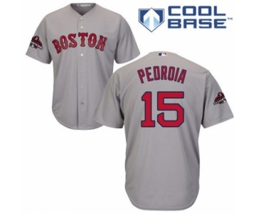 Men's Majestic Boston Red Sox #15 Dustin Pedroia Replica Grey Road Cool Base 2018 World Series Champions MLB Jersey