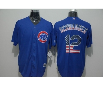 Men Chicago Cubs #12 Kyle Schwarber Blue USA Flag Fashion Cool Base Jersey