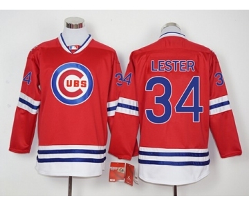 Men Chicago Cubs #34 Jon Lester Red Long Sleeve Stitched Baseball Jersey