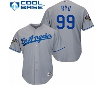 Men's Majestic Los Angeles Dodgers #99 Hyun-Jin Ryu Replica Grey Road Cool Base 2018 World Series MLB Jersey