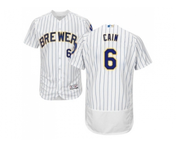 Men Milwaukee Brewers #6 Lorenzo Cain White Strip Flexbase Authentic Collection Stitched MLB Jersey