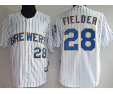 mlb milwaukee brewers #28 fielder white(blue strip)[40th patch]