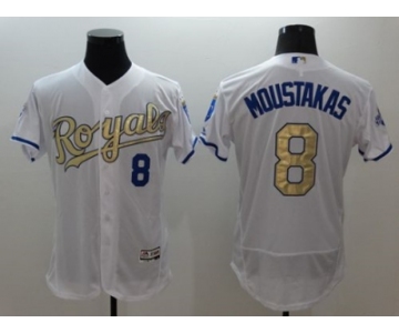 Kansas City Royals #8 Mike Moustakas White 2015 World Series Champions Gold Program FlexBase Authentic Stitched MLB Jersey