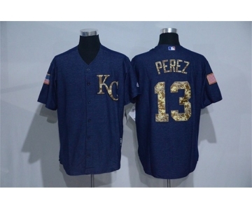 Men Kansas City Royals #13 Salvador Perez Blue Camo New Cool Base Jerseys