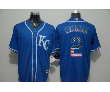 Men Kansas City Royals #2 Alcides Escobar Blue USA Flag Fashion Cool Base Jersey