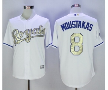 Men Kansas City Royals #8 Mike Moustakas Majestic White World Series Champions Gold Program Cool Base Player Jersey