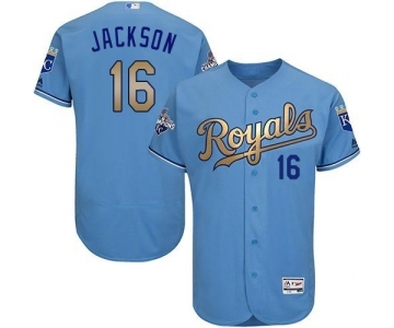 Men's Majestic Kansas City Royals #16 Bo Jackson Authentic Light Blue 2015 World Series Champions Gold Program FlexBase MLB Jersey