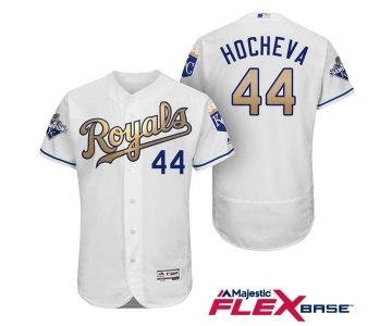 Men's Majestic Kansas City Royals #44 Luke Hochevar Authentic White 2015 World Series Champions Gold Program FlexBase MLB Jersey