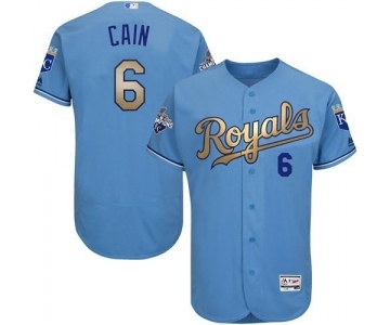 Men's Majestic Kansas City Royals #6 Lorenzo Cain Authentic Light Blue 2015 World Series Champions Gold Program FlexBase MLB Jersey