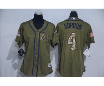 Women Majestic Kansas City Royals #4 Alex Gordon Authentic Green Salute to Service MLB Jersey
