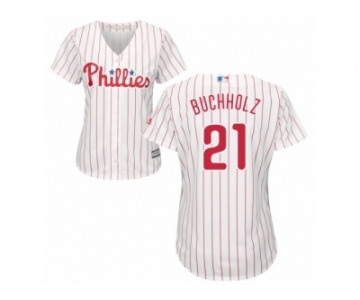 Women Majestic Philadelphia Phillies #21 Clay Buchholz Replica White Red Strip Home Cool Base MLB Jersey