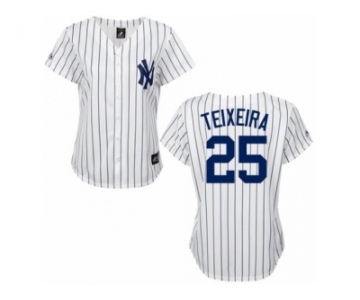Women's Majestic New York Yankees #25 Mark Teixeira Replica White Black Strip MLB Jersey