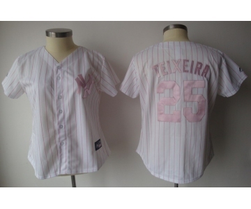 women mlb new york yankees #25 teixeira white[pink strip]