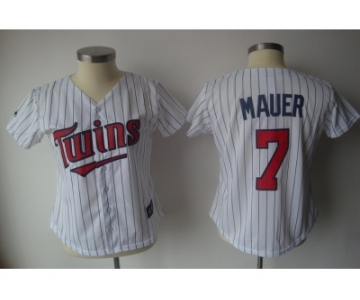 MLB Women Jerseys Minnesota Twins #7 Mauer White[blue strip]