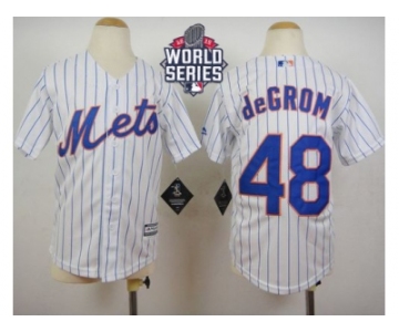 Youth New York Mets #48 Jacob DeGrom White(Blue Strip) Home Cool Base W 2015 World Series Patch Stitched MLB Jersey