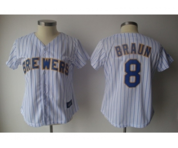 MLB Women Jerseys Milwaukee Brewers #8 Ryan Braun white[blue strip]