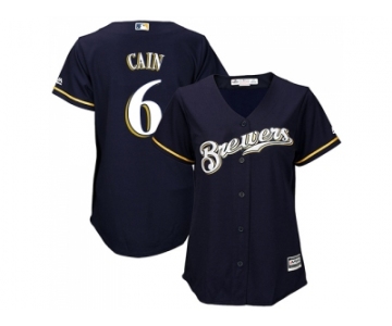 Women Milwaukee Brewers #6 Lorenzo Cain Navy Blue Alternate Stitched MLB Jersey