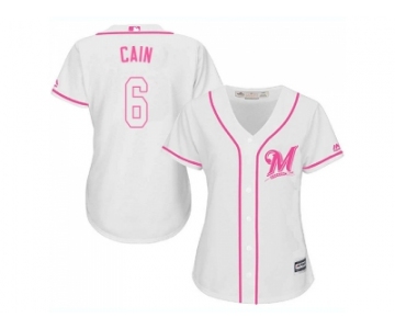 Women Milwaukee Brewers #6 Lorenzo Cain White Pink Fashion Stitched MLB Jersey