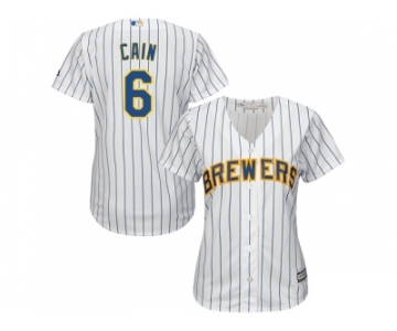 Women Milwaukee Brewers #6 Lorenzo Cain White Strip Home Stitched MLB Jersey