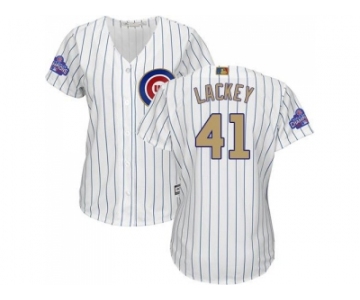 Women's Chicago Cubs #41 John Lackey White(Blue Strip) 2017 Gold Program Cool Base Stitched MLB Jersey