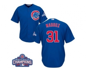 Youth Majestic Chicago Cubs #31 Greg Maddux Authentic Royal Blue Alternate 2016 World Series Champions Cool Base MLB Jersey