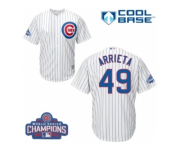Youth Majestic Chicago Cubs #49 Jake Arrieta Authentic White Home 2016 World Series Champions Cool Base MLB Jersey