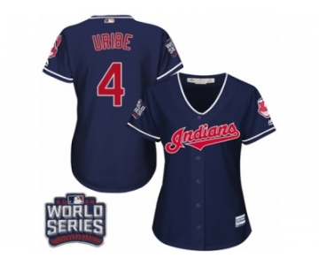 Women's Majestic Cleveland Indians #4 Juan Uribe Authentic Navy Blue Alternate 1 2016 World Series Bound Cool Base MLB Jersey