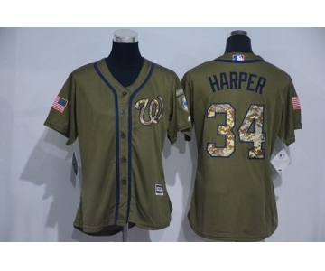 Women Majestic Washington Nationals #34 Bryce Harper Authentic Green Salute to Service MLB Jersey