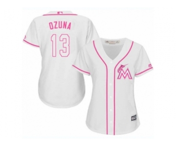 Women's Majestic Miami Marlins #13 Marcell Ozuna Authentic White Fashion Cool Base MLB Jersey