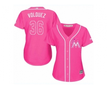 Women's Majestic Miami Marlins #36 Edinson Volquez Replica Pink Fashion Cool Base MLB Jersey