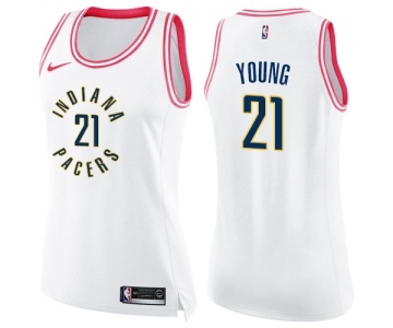 Women's Nike Indiana Pacers #21 Thaddeus Young Swingman White Pink Fashion NBA Jersey