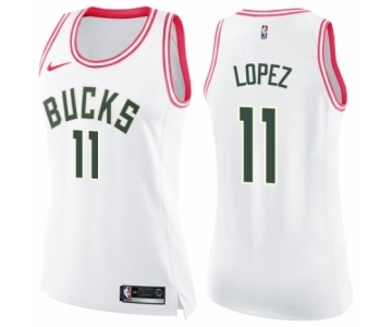 Women's Nike Milwaukee Bucks #11 Brook Lopez Swingman White Pink Fashion NBA Jersey