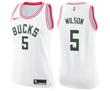 Women's Nike Milwaukee Bucks #5 D. J. Wilson Swingman White Pink Fashion NBA Jersey