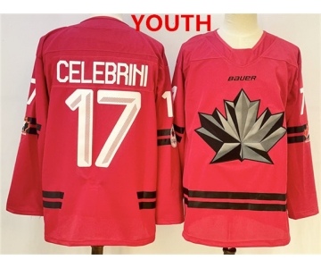 Youth Canada Hockey #17 Macklin Celebrini Red 2026 Olympics Stitched Jersey