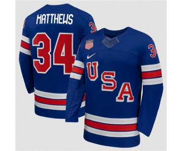 Men's USA #34 Auston Matthews Royal 2026 Stitched Jersey