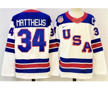 Men's USA #34 Auston Matthews White 2025-2026 With C Patch Stitched Jersey