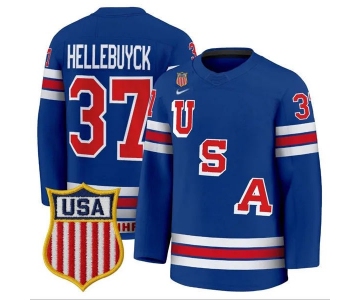 Men's USA #37 Connor Hellebuyck Home Blue 2026 Olympic Hockey Jersey