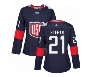 Women's Adidas Team USA #21 Derek Stepan Premier Navy Blue Away 2016 World Cup Hockey Jersey