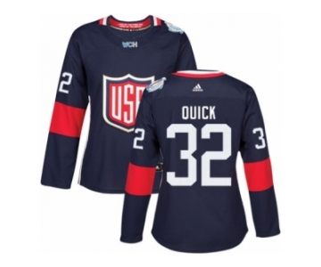 Women's Adidas Team USA #32 Jonathan Quick Premier Navy Blue Away 2016 World Cup Hockey Jersey