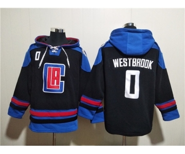 Men's Los Angeles Clippers #0 Russell Westbrook Black Blue Lace-Up Pullover Hoodie