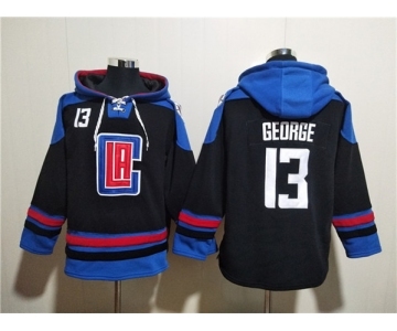Men's Los Angeles Clippers #13 Paul George Black Blue Lace-Up Pullover Hoodie