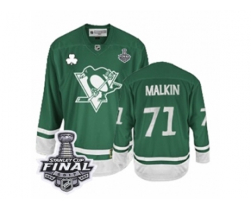 Men's Reebok Pittsburgh Penguins #71 Evgeni Malkin Authentic Green St Patty's Day 2017 Stanley Cup Final NHL Jersey