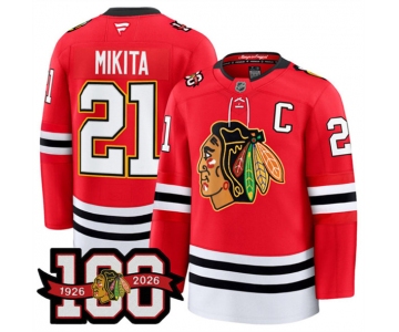 Men's Chicago Blackhawks #21 Stan Mikita Red 2025 Home 100th Anniversary Stitched Hockey Jersey