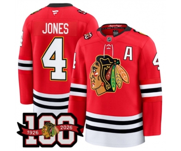 Men's Chicago Blackhawks #4 Seth Jones Red 2025 Home 100th Anniversary With A Patch Stitched Hockey Jersey