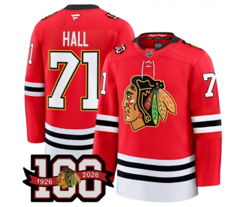 Men's Chicago Blackhawks #71 Taylor Hall Red 2025 Home 100th Anniversary Stitched Hockey Jersey