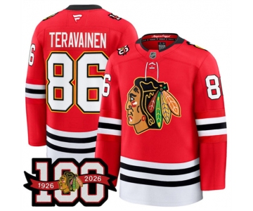 Men's Chicago Blackhawks #86 Teuvo Teravainen Red 2025 Home 100th Anniversary Stitched Hockey Jersey