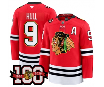 Men's Chicago Blackhawks #9 Bobby Hull Red 2025 Home 100th Anniversary Stitched Hockey Jersey