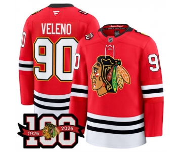 Men's Chicago Blackhawks #90 Joe Veleno Red 2025 Home 100th Anniversary Stitched Hockey Jersey