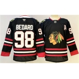 Men's Chicago Blackhawks #98 Connor Bedard Black With A Patch Stitched Hockey Jersey